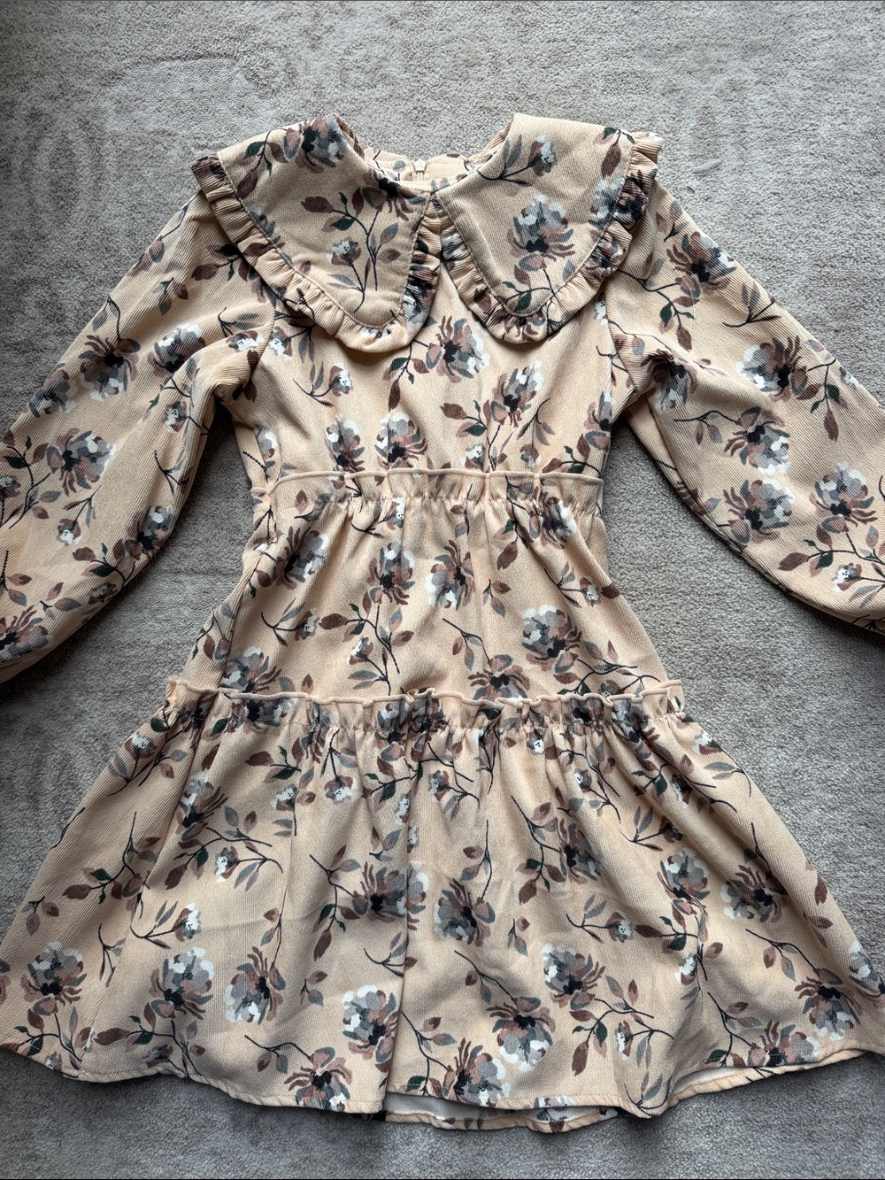 Beige Floral Long-Sleeve Girls Dress with Ruffled Peter Pan Collar